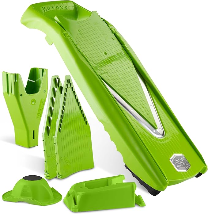 Börner Mandoline Slicer V5 (Professional Set) • Adjustable Vegetable Slicer (7-piece) • 10 Cutting Styles • Kitchen Slicer incl. Docking Station • Stainless Steel V-Blade • Color: Green