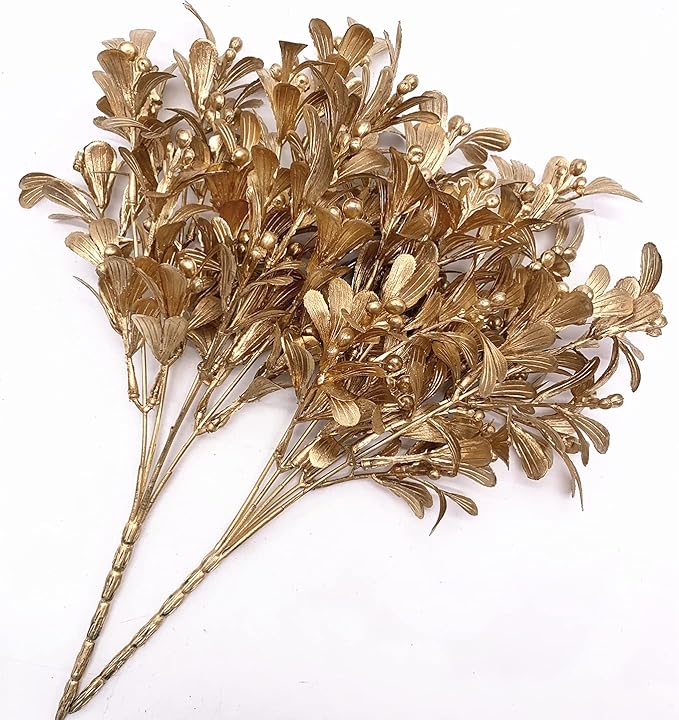 Artificial Flowers Christmas Decor, Golden Leaves Branches Plants Fake Berry Grass for Wedding Bridal Bouquet Party Indoor DIY Home Office Table Centerpieces Arrangements Decoration - Gold 4 Pack