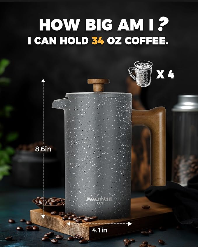 POLIVIAR French Press Coffee Maker, 34 Ounce Coffee Press with Real Wood Handle, Double Wall Insulation & Dual-Filter Screen, Food Grade Stainless Steel for Good Coffee and Tea (Lava) | Real Wood Handle Coffee Press, Double Wall Insulation, Dual-Filter...