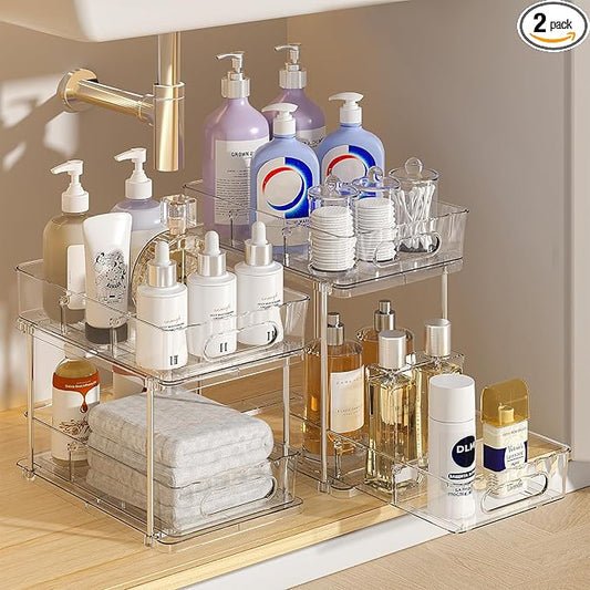 Delamu 2 Tier Under Sink Organizer Bathroom, Bathroom Cabinet Organizer with Snap-Lock Design and Hooks, Pull Out Storage with Movable Dividers, for Countertop, Kitchen and Pantry (Clear, 2 Pack)