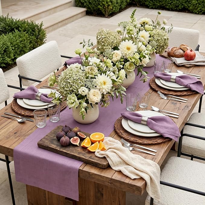 Solino Home Linen Mulberry Table Runner 144 Inches Long - 100% Pure Linen Extra Long Table Runner 14 x 144 Inch for Spring, Summer - Fete