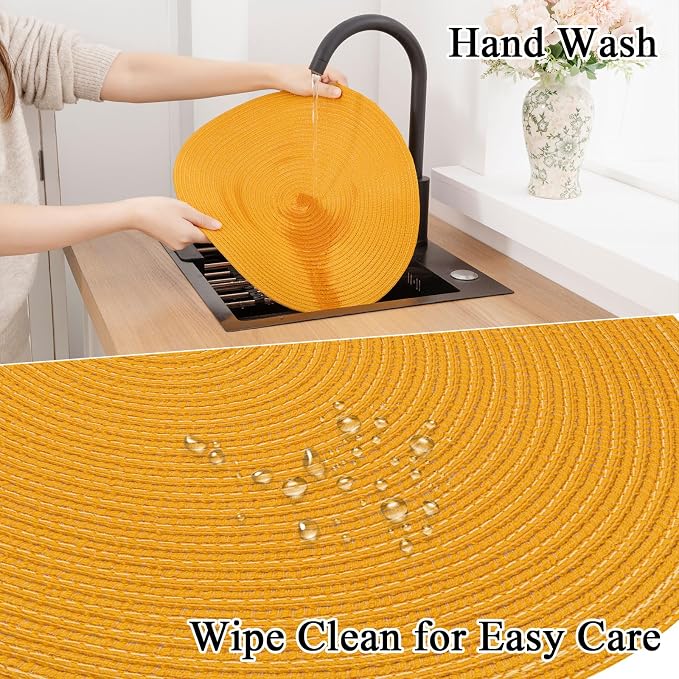 SHACOS 15 inch Round Braided Placemats Set of 6 Non Slip Washable Kitchen Table Place Mats Cotton Polyester Heat Resistant Table Mats for Home Wedding Dinner Party Table Decor, Mustard Yellow