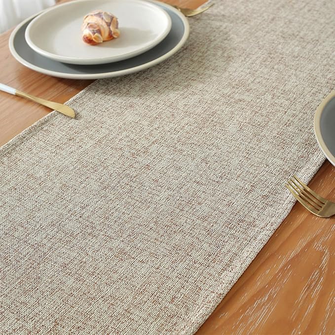 Laolitou Light Brown Table Runners 90 Inches Long, Burlap Linen Texture Farmhouse Boho Table Runner, Rustic Dining Table Decor Long (13x90 Inches, Light Brown)