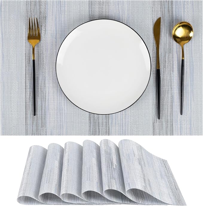 Blue Woven Placemats Set of 6 – Heat Resistant, Waterproof & Easy to Clean – Durable Synthetic Dining Table Mats for Kitchen, Restaurant & Outdoor Use