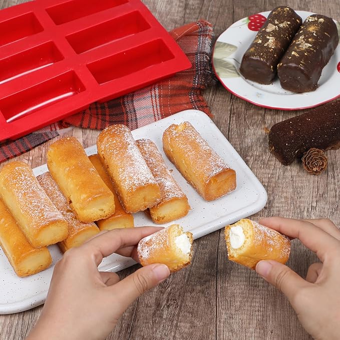 Webake Twinkie Pan Silicone Mini Log Cake Mold For 3D Cylinder Mousse, DIY Pudding Cake Molds Oblong 9 Cavity (Red)