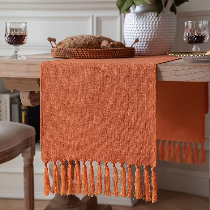 ZeeMart Burnt Orange Table Runners 72 Inches Long, Burlap Linen Style Rustic Farmhouse Fall Table Runner, Boho Woven Dining Table Runner, 13x72 Inches, Harvest Pumpkin