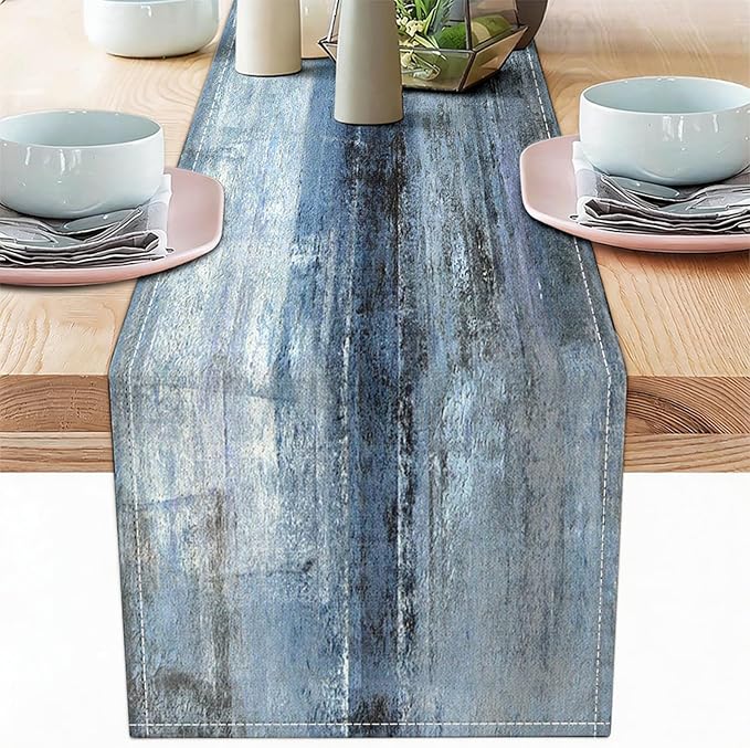 Niviy Dark Blue Wood Grain Linen Table Runner, 12x72 Inch Washable Table Runners Easy to Clean Kitchen Table Decor for Holiday Party Kitchen Dining Table Decoration