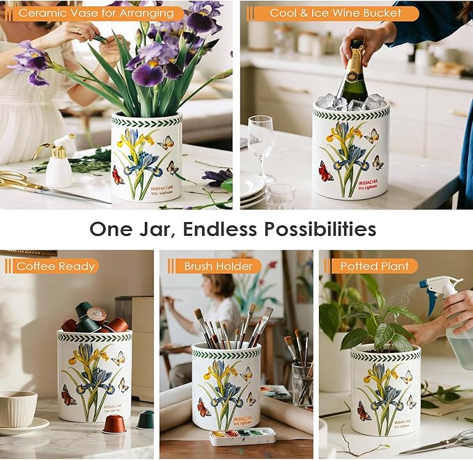 ACMLIFE Extra Large Cooking Utensil Holder, 7.3" Kitchen Utensil Holder for Countertop, Utensil Crock for Farmhouse Kitchen Decor, Ceramic Stable Utensil Caddy, Floral (Iris)