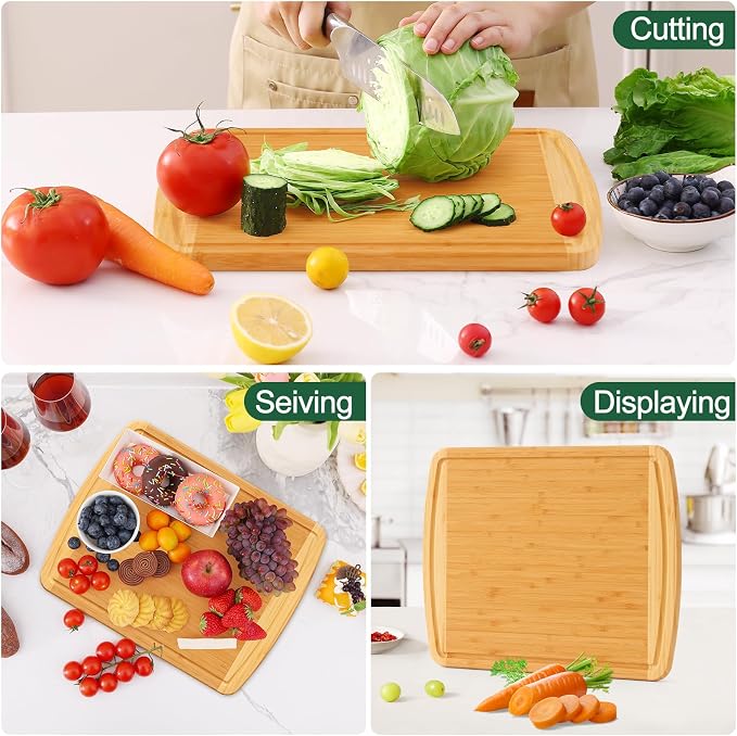 Homaxy Large Bamboo Cutting Boards for Kitchen,14.5x11.5" Wood L Cutting Board with Juice Groove, Wooden Butcher Block Chopping Board for Kitchen, Meat, Fruit & Vegetables - Pre Oiled, Two-Tone