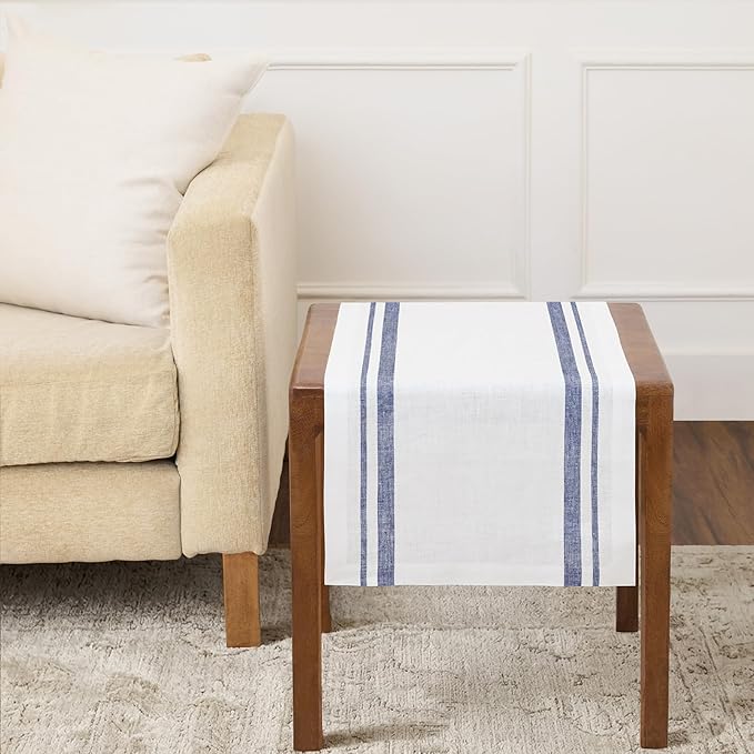 Solino Home Striped Linen Table Runner 36 Inches - 100% Pure Linen Navy and White French Stripe Small Table Runner 14 x 36 Inch Ideal for Dresser and Coffee Tables - Spring, Summer, 4th of July