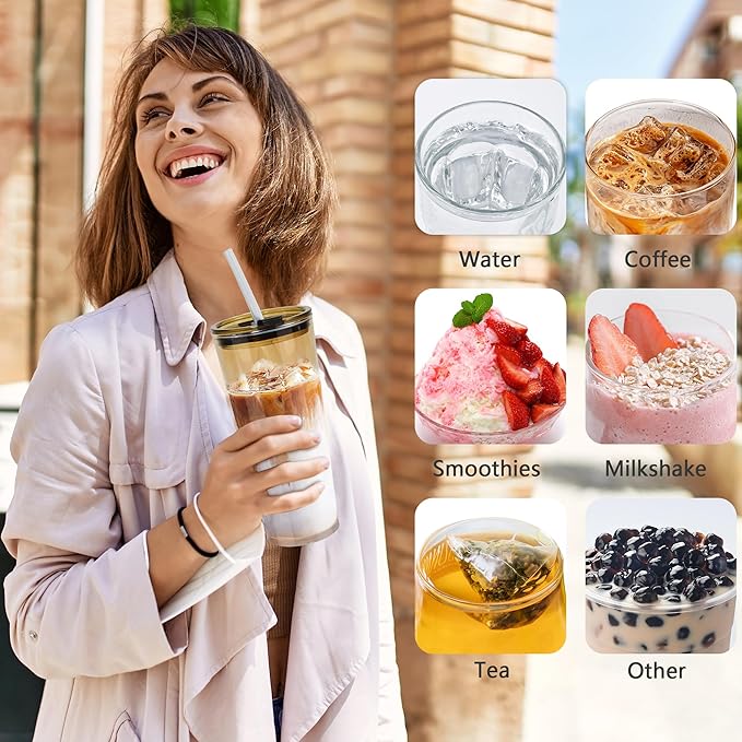 24oz Drinking Glasses Cups Set of 2 Leak Proof Iced Coffee Glass Tumbler with Lid Straw Glassware for Juice Coffee Smoothie Boba Tea(Gray & Amber)