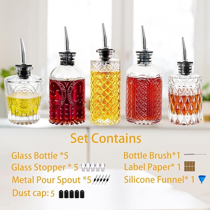 Syrup Dispenser Bottles Set - 5 Pack Simple Syrup Bottles with Metal Pour Spout and Dust Caps,For Syrups,Honey,Olive Oil,Condiments,Syrup Dispenser for Coffee Bar with Labels