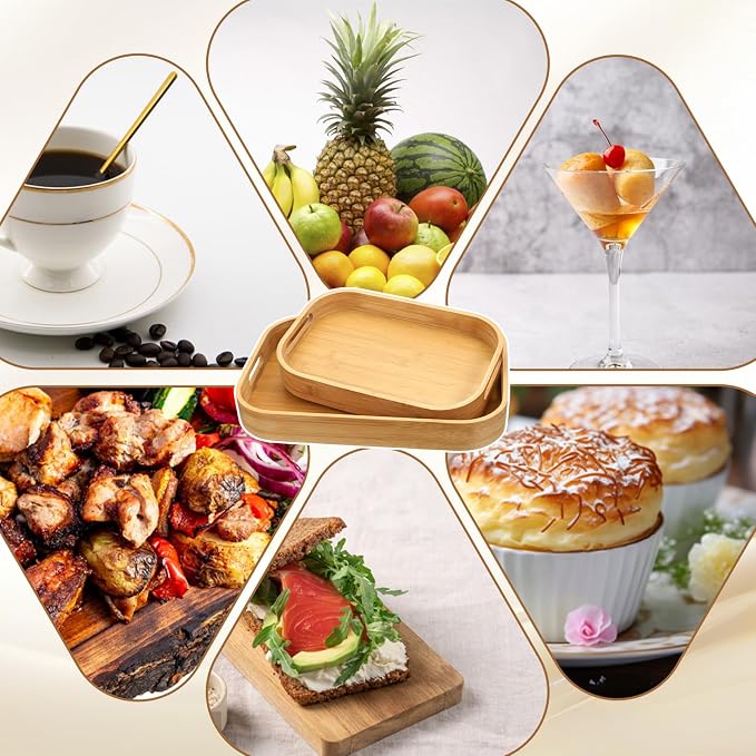 2 Pack Bamboo Serving Trays with Handles, 15.7" L x 11" W /13" L x 9.6" W, Arc Angles Solid Bamboo Serving Tray, Portable Decorative Tray for Kitchen Counter Eating Food Tea Coffee Bar Parties