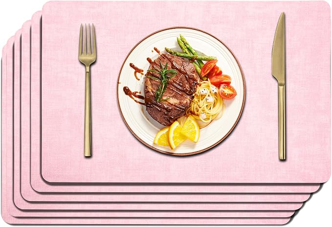 Maxpearl Faux Leather Placemats Set of 6 - Waterproof - Wipe Clean - Heat Resistant - Anti Slip Dining Table Place Mats, Suitable for Indoor & Outdoor Use, 17’’×12’’, Pink