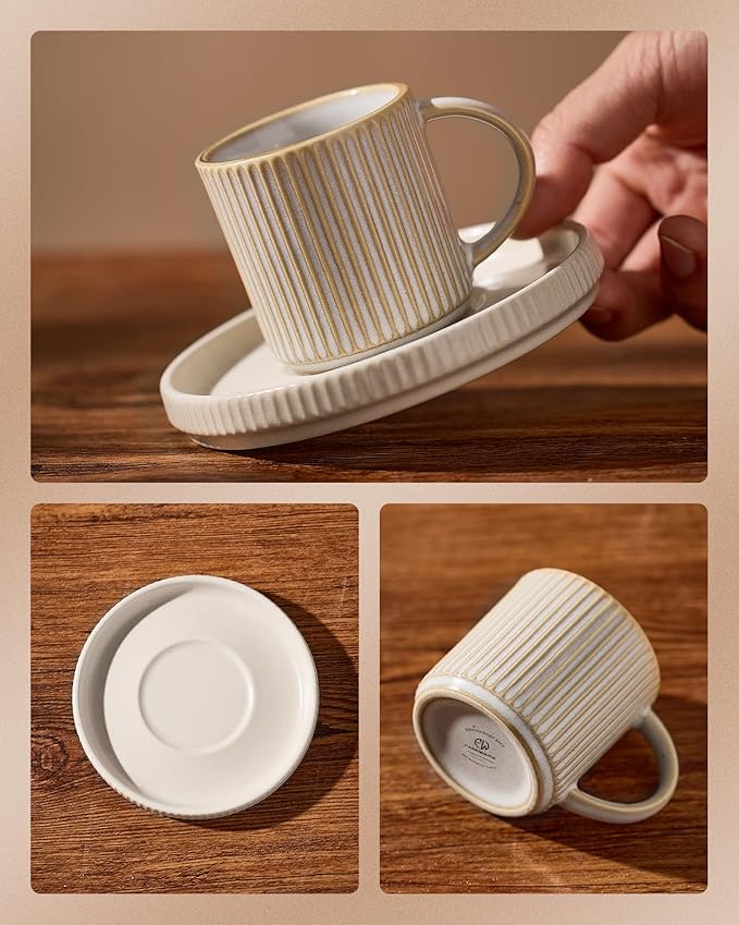 famiware Star Espresso Cups and Saucers Set of 4, [ Mini ] 3 oz Ceramic Small Coffee Mug with Handle, Ribbed Stoneware Demitasse Cup for Tea, Latte - Microwave & Dishwasher Safe - Cappuccino White