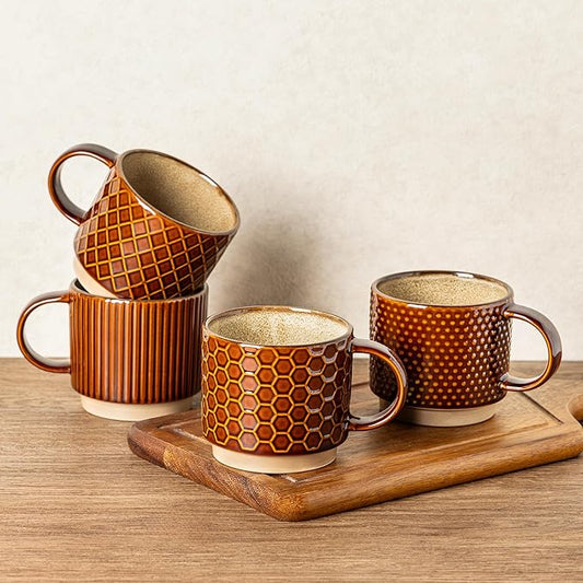 GBhome 12 OZ Stackable Coffee Mugs, Ceramic Coffee Cups with Texture Patterns for Man,Woman,Dad,Mom, Modern Mugs Set of 4 for Latte/Cappuccino/Cocoa. Dishwasher&Microwave Safe