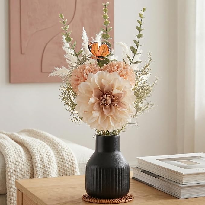 Small Fake Flowers in Vase 14"Centerpiece Table Decorations Silk Flowers Arrangements Ceramic Vase Dahlia Chrysanthemum Artificial Flowers Bouquet for Bathroom Dining Room Kitchen Wedding (Black)