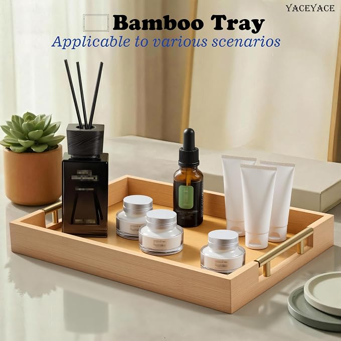 Bamboo Serving Tray for Ottoman Coffee Table, 14" x 9.8" x 1.7" Small Serving Tray for Home Decor, Small Bamboo Trays for Bathroom, Dining