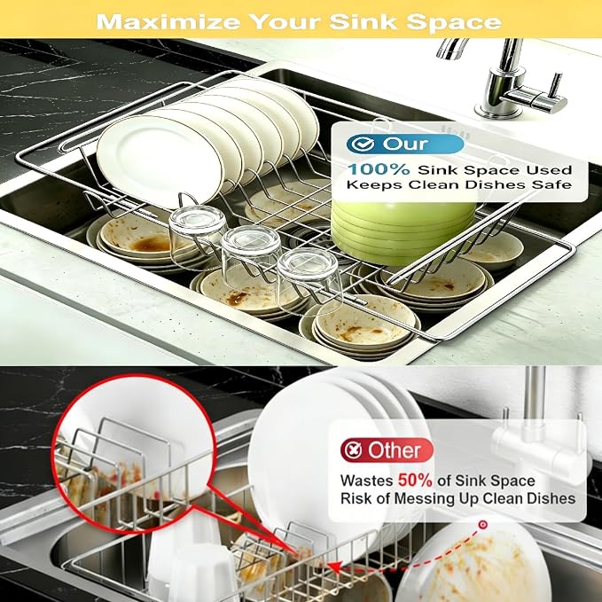 Dish Drying Rack in Sink & Over The Sink, Expandable Stainless Steel Dish Drainers for Kitchen Counter, Inside Sink Dish Dryer Rack, Rust-Resistant, Silver