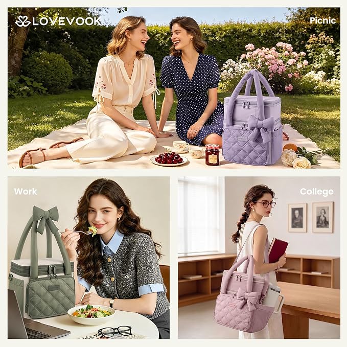LOVEVOOK Insulated Lunch Bag Women,Expandable Double Deck Adult Lunch Box Women with Cup Holder,Bow Quilted Puffer Lunch Tote,Large Leakproof Collapsible Cooler Bag for Work College Picnic Meal Prep