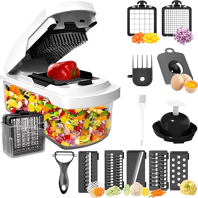 Vegetable Chopper with Container - 15-in-1 Mandoline Slicer, Food Dicer, Onion Cutter & Cheese Grater - Manual Veggie Chopper with Storage, Stainless Steel Blades