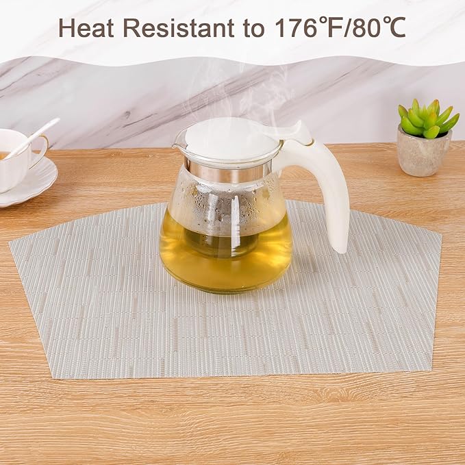 SHACOS Round Table Placemats Set of 7 Wedge Shaped Place Mat with Centerpiece Circle Mat Heat Resistant Small Round Table Mats Washable (7, Beige)