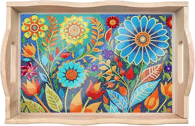 Generic DIY Diamond Serving Tray Rectangular Upgrade Increase Wooden Breakfast Tray with Handles Handmade Diamond Art Painting Dinner Plate for Coffee Living Room Home Organizer-Pattern03