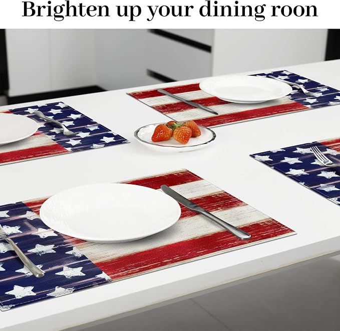Bloss Patriotic 4th of July Placemats Set of 6, Memorial Day 12" x 18" Linen Table Mats for Party Kitchen Dining Decoration, Retro Vintage Independence Day Disposable Place Mats