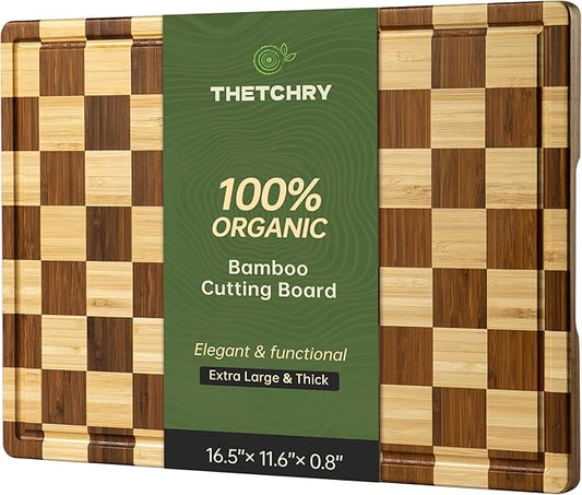 THETCHRY Bamboo Cutting Boards for Kitchen, Checkered Wooden Cutting Board with Juice Groove, Non Slip, Non Toxic Serving Tray, Thick Large Chopping Board Gift for Home Chef, 16.5” x 11.6” x 0.8”