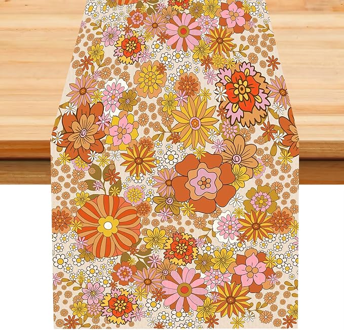Retro 70s Floral Table Runner,Vintage Hippie Summer Groovy Daisy Flower Dinner Runner for Home Kitchen Dining Table Party Holiday Decor 13"x108"