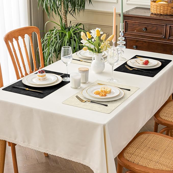 Romanstile Vinyl Placemats Set of 6, Reversible Faux Leather Heat Resistant Wipeable Table Mats, Waterproof Washable Non-Slip Table Placemats for Dining/Kitchen/Party/Outdoor (Black Beige, 12" x 17")
