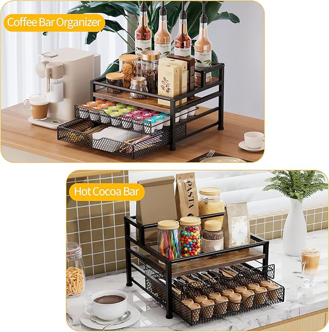 4 Tier Coffee Syrup Rack Organizer, Coffee Bar Organizer for Countertop, Coffee Station Organizer with 2 Sliding Drawers for Pods, K Cup Holder, Stirrer and Condiment, Brown