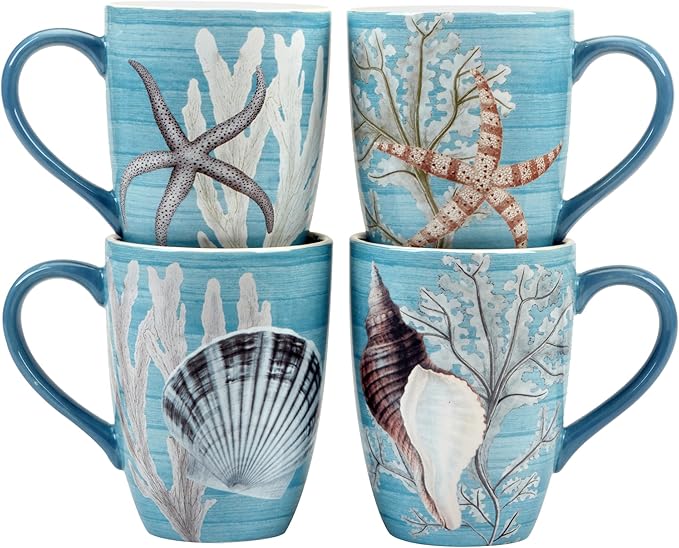 Beyond the Shore 20 oz Ceramic Mugs – Set of 4 with Coastal Shell and Starfish Artwork – Large Coffee or Tea Cups for Ocean Lovers – Dishwasher & Microwave Safe