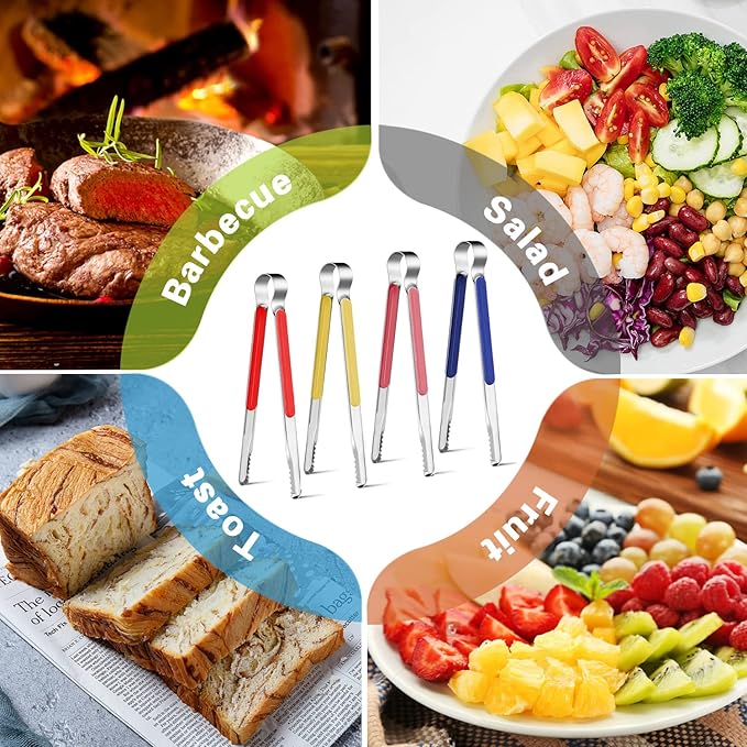 4Pcs Stainless Steel Kitchen Tongs for Cooking - 10" Metal Food Tongs With Non-Slip Comfort Grip, Non-Stick, High Heat Resistant for BBQ, Grilling and Serving