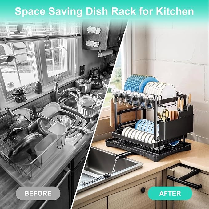 2 Tier Dish Drying Rack, Small Dish Rack for Kitchen Counter, Detachable Capacity Dish Drainer Organizer with Cutlery & Cup Holder (Black)