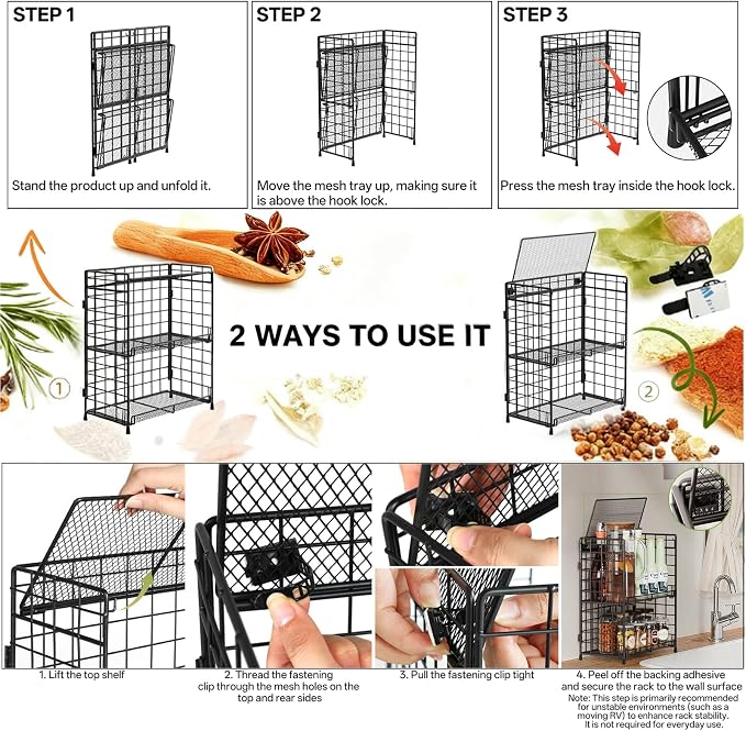 DTUQYX Bathroom Counter Storage Organizer, 3 tier Flodable Perfume Make up Organizers for Vanity, Installation-free Metal Seasoning Shelf Spice Rack for Countertop, Kitchen, Cabinet, Bedroom, RVs