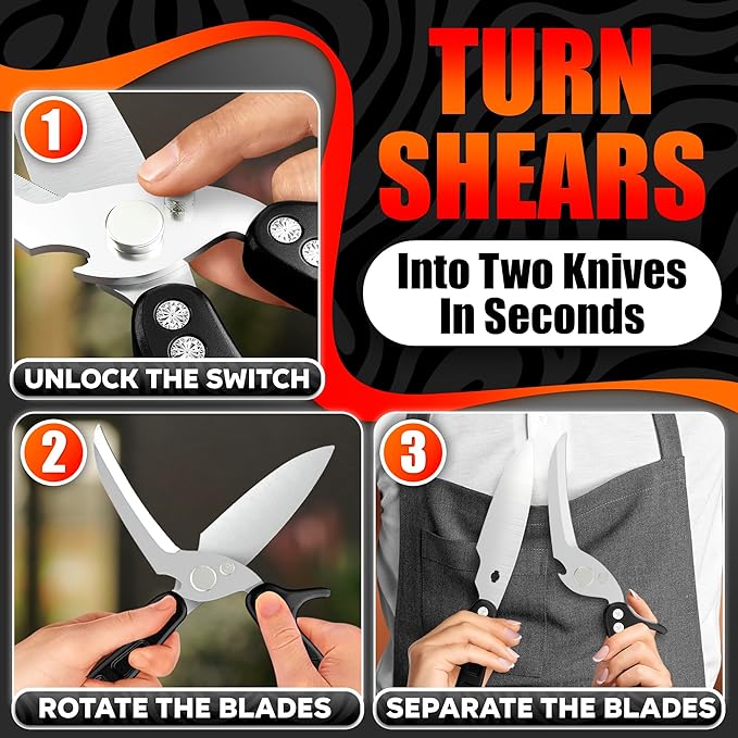 Heavy Duty Poultry Shears – Kitchen Shears Dishwasher Safe, Spring-Loaded, 3Cr14 Steel, Micro-Serrated, Separates for Easy Cleaning | Bone Scissors for Chicken, Turkey, Seafood & Fish Scale (Black)