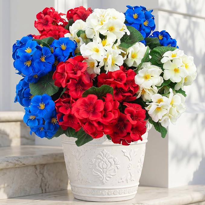 Hananona 12 Pcs Artificial Geranium Flowers for Outdoors Geranium Silk Red White Blue Flowers Outdoor UV Resistant Plants Faux Patriotic Flowers for 4th of July Home Decor (12, RedWhiteBlue)