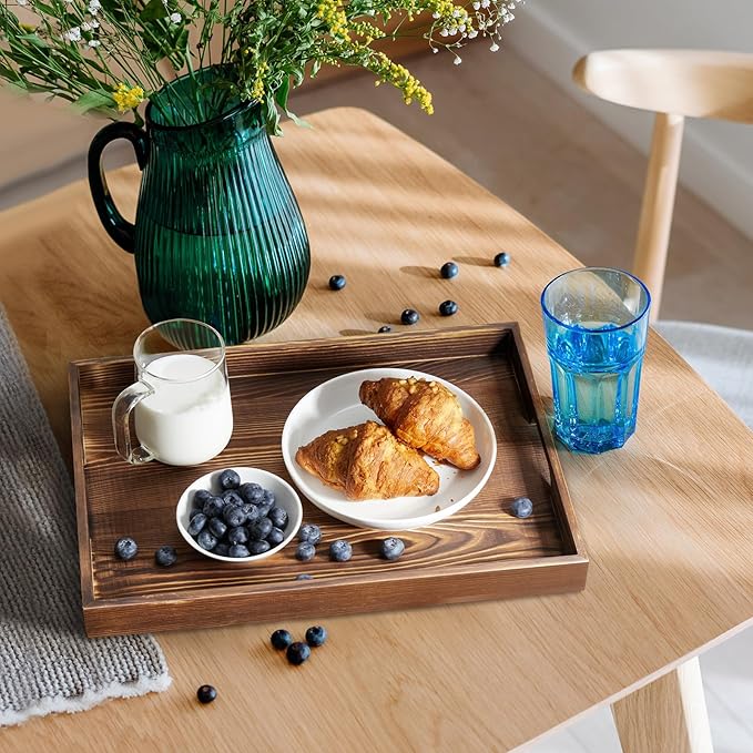 17 Inch Burnt Wood Serving Tray with Handles - Large Wooden Tray for Ottoman, Breakfast in Bed, Dinner, Coffee Table - Decorative Brown Rectangular Tray for Living Room Entryway and Kitchen Decor