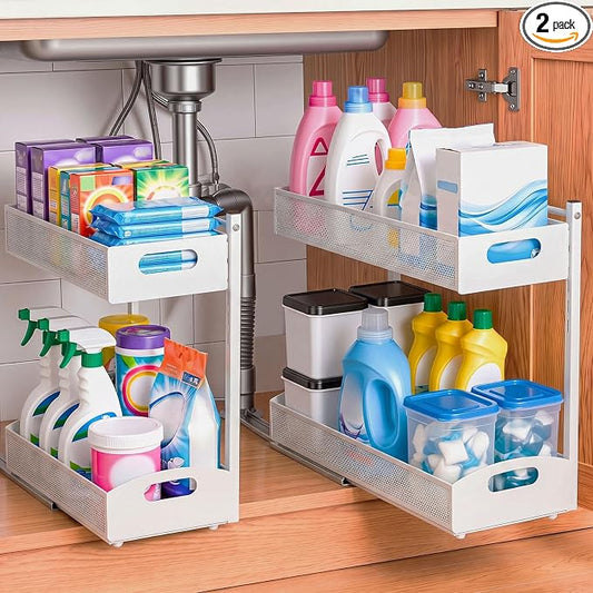 VEVOR Under Sink Organizer, 2 Pack 2-Tier Pull Out Cabinet Organizer with 4-Level Height Adjustment, Metal Slide Out Shelf, Multi-Purpose Cabinet Organizers and Storage for Bathroom & Kitchen, White