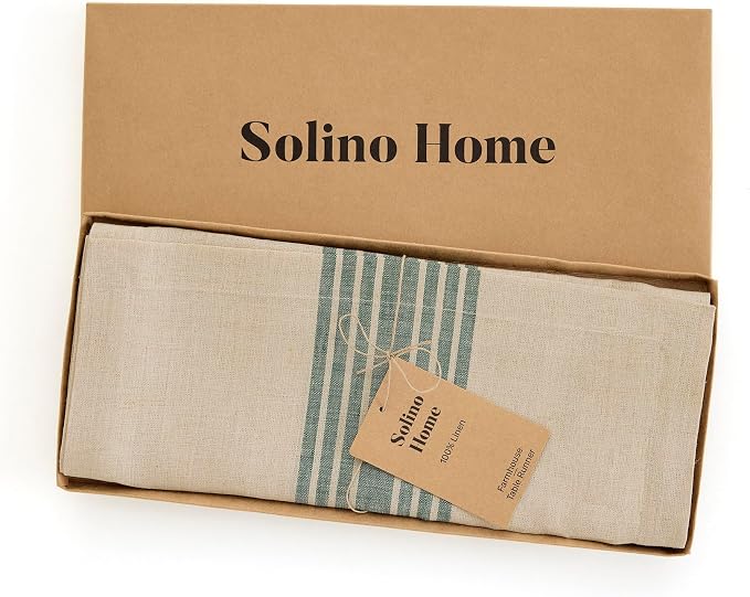 Solino Home Stripe Linen Table Runner 144 Inches Long - 100% Pure Linen Green and Natural Farmhouse Table Runner 14 x 144 Inch for Dining, Summer