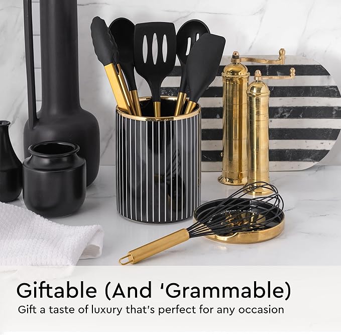 Black and Gold Kitchen Utensils Set - 6-PC Silicone Utensils Set Include Tongs, Whisk, Serving Spoon, Spatula, and Turner for Stylish Cooking and Baking - Black and Gold Kitchen Accessories and Decor