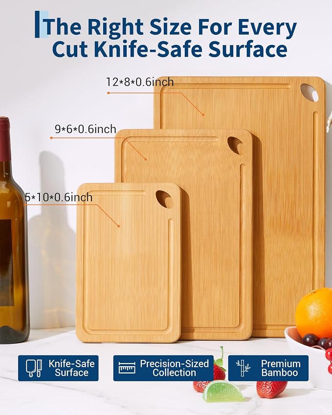 Garvee Bamboo Cutting Board Set of 3 - cutting board set with Handle, Bamboo Cutting Boards for Kitchen, Heavy Duty chopping board with deep juicy groove 15x10, 12x8, 9x6 inch