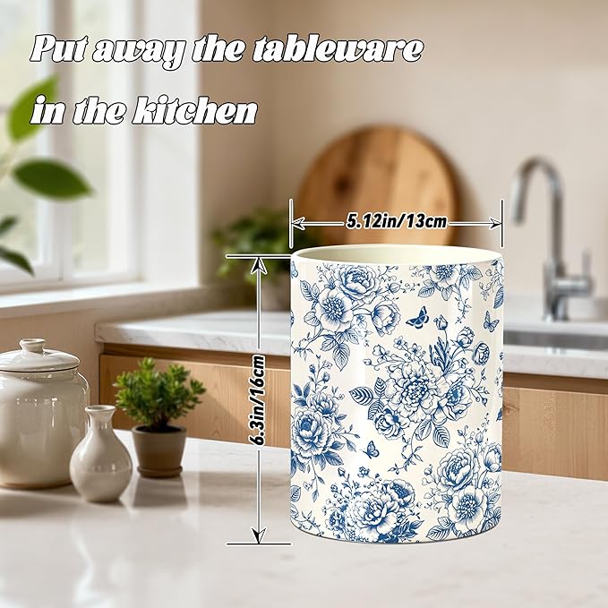 Chinoiserie Floral Utensil Holder, Ceramic Kitchen Utensil Holder, Utensil Crock for Home Kitchen Countertop Storage Organizer Container, Large Holder for Spatulas, Spoons, Kitchen Counter Decor, 6"