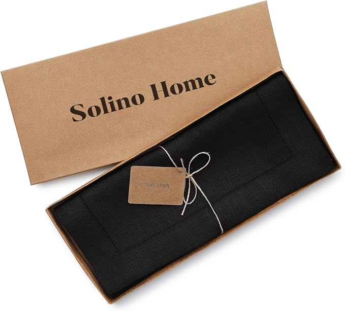 Solino Home Linen Black Table Runner 156 Inches Long - 100% Pure Linen Extra Long Table Runner 14 x 156 Inch for Summer - Classic Hemstitch