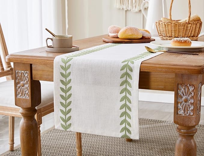 Wracra Embroidered Table Runner Irregular Willow Leaf Table Runners 90 Inches Long for Dresser Home Dining Table Decor,14 x 90 Inch, Light Sage Green
