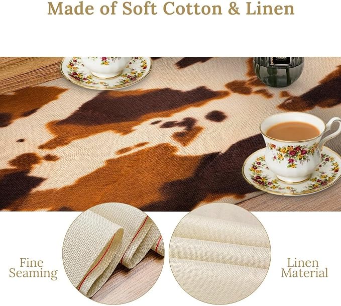 Cow Print Table Runner, Cotton Linen Rustic Cottage Country Farm Animal Fur Skin Pattern Western Style Black Brown Cowhide Print Dinner Runner for Home Kitchen Dining Table Decoration 13x108 Inch