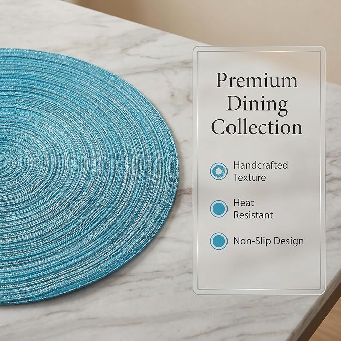 AHHFSMEI Round Braided Placemats Set of 6 Woven Table Mats for Dining Table Heat Resistant Easy to Clean Perfect for Kitchen & Home Decor (Silver Blue)
