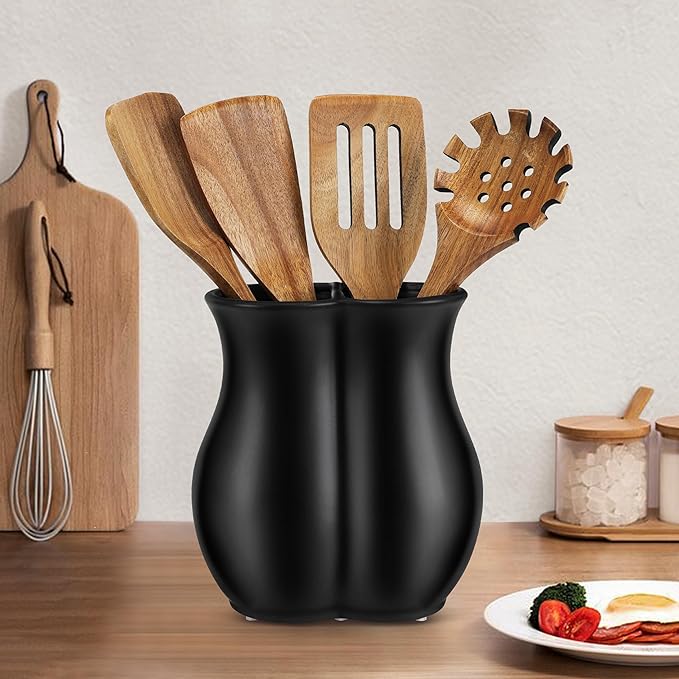 2026 Upgraded Vintage Kitchen Utensil Holder - Ceramic Utensil Crock Dual Compartment Curved, Modern Countertop Organizer for Farmhouse/Rustic Kitchen Decor(Matte Black)