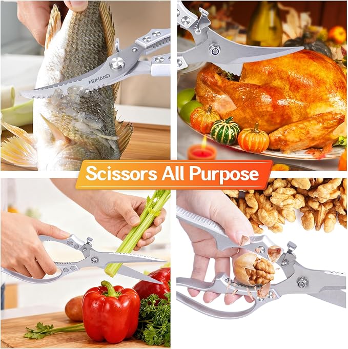 MDHAND Kitchen Shears Set, Heavy Duty Poultry Shears with Anti-Slip Handle & Safety Lock, Kitchen Food Scissors for Meat Chicken Fish Turkey Vegetables, Dishwasher Safe Cooking Scissors, Spring Loaded